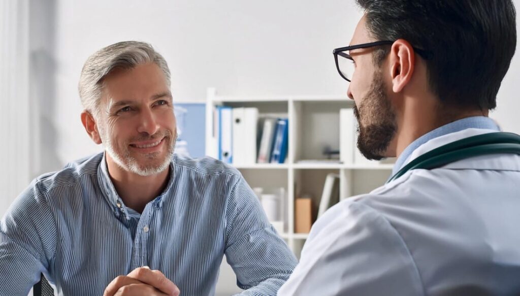 Por que usar prótese peniana após retirada da próstata? Médico urologista explicando para seu paciente, homem por volta dos 60 anos, sobre o uso da prótese peniana após a retirada da próstata.