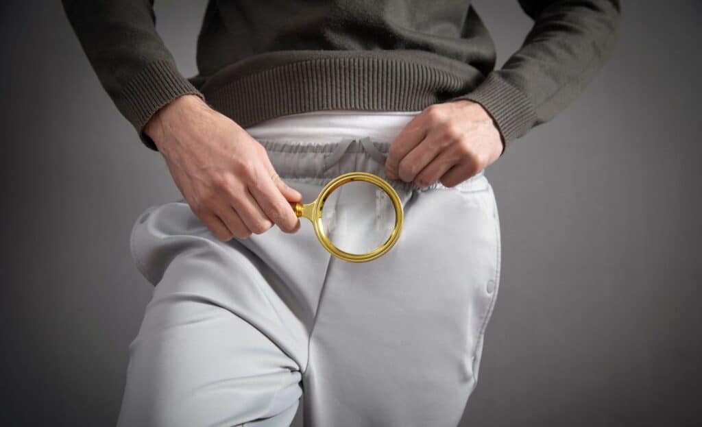 Prótese peniana maleável: o que é e como funciona? Homem observa a região pélvica com uma lupa, simbolizando avaliação antes do implante de uma prótese peniana maleável.