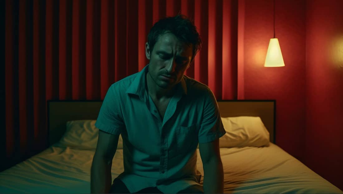 Homem jovem sentado na beira de uma cama em um quarto com paredes vermelhas e uma iluminação suave. Ele tem uma expressão visivelmente abatida e cansada, o que transmite uma sensação de tristeza ou preocupação. Este cenário pode ilustrar sintomas de baixa testosterona, que incluem fadiga, alterações de humor e diminuição do desejo sexual, elementos que impactam significativamente o bem-estar emocional e físico de um indivíduo.