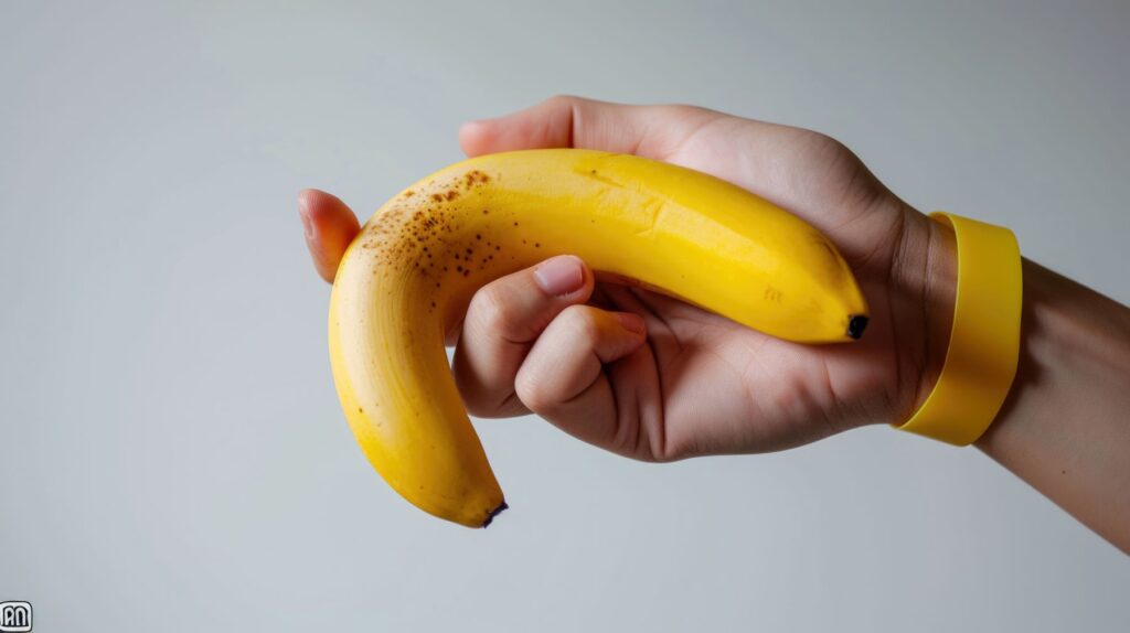Mão segurando uma banana curvada, ilustrando de forma didática a deformidade peniana associada à dúvida: doença de Peyronie tem cura? TITLE TAG (sugerida para CMS — 51 caracteres)