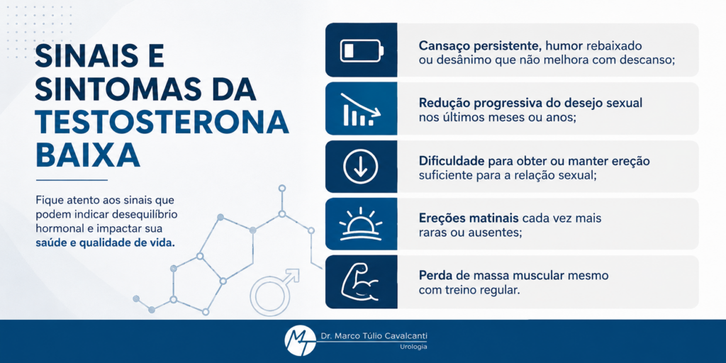 Os principais sintomas da testosterona baixa que surgem ao longo desse processo incluem:
Fadiga persistente e dificuldade para completar o dia com energia;
Desânimo, irritabilidade e, em casos mais avançados, quadros depressivos;
Alterações no sono — tanto insônia quanto sonolência excessiva;
Redução progressiva do desejo sexual (libido);
Perda de massa muscular e aumento de gordura abdominal visceral;
Diminuição da densidade óssea, com risco de osteopenia e osteoporose.