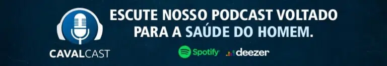 Diferença entre falha ocasional e disfunção erétil persistente Banner do Cavalcast com ícone de microfone, chamada para ouvir um podcast sobre saúde do homem e logotipos do Spotify e Deezer.