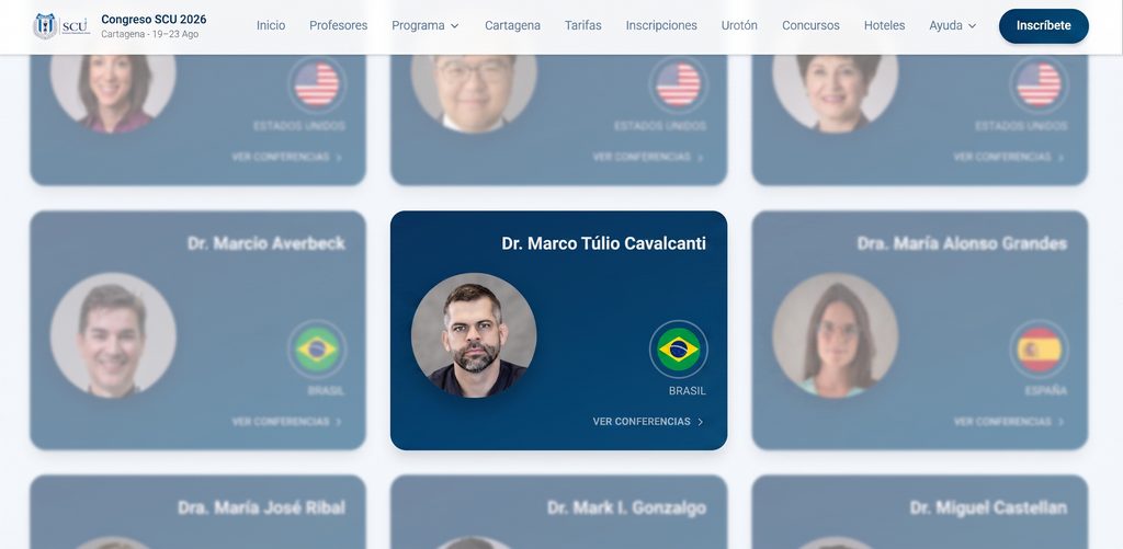 Captura de tela do site do Congresso SCU 2026 destaca o card do Dr. Marco Túlio Cavalcanti entre os professores convidados, identificado como representante do Brasil.