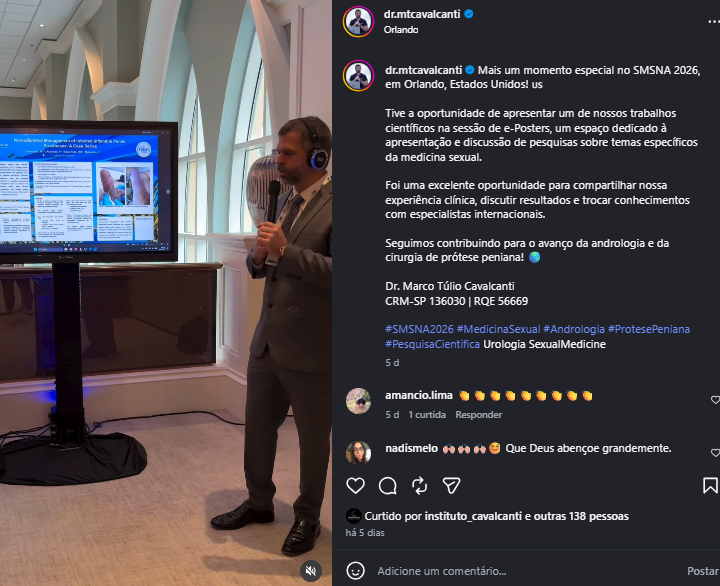 O trabalho apresentado no SMSNA 2026. Dr. Marco Túlio Cavalcanti apresenta trabalho científico durante uma sessão de e-pôsteres no SMSNA 2026, em Orlando, nos Estados Unidos, em publicação no Instagram sobre sua participação no congresso.