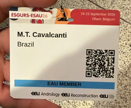 Cirurgia peniana e reconstrução: os temas que guiaram o congresso. Credencial de M. T. Cavalcanti no congresso ESGURS-ESAU26, realizado em setembro de 2026, em Ghent, na Bélgica.