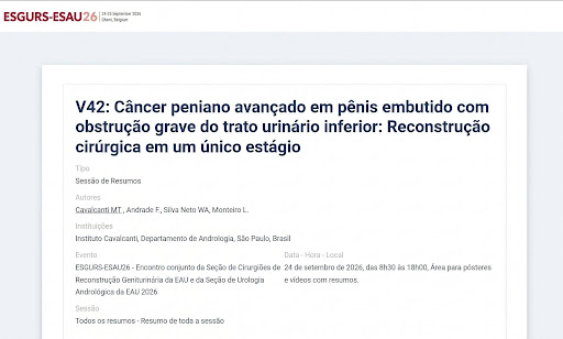 O vídeo científico do Dr. Marco Túlio no ESGURS-ESAU26. Dr. Marco Túlio Cavalcanti, andrologista, tem trabalho científico apresentado no ESGURS-ESAU26, na Europa, sobre reconstrução cirúrgica em um único estágio para caso de câncer peniano avançado com obstrução grave do trato urinário inferior.
